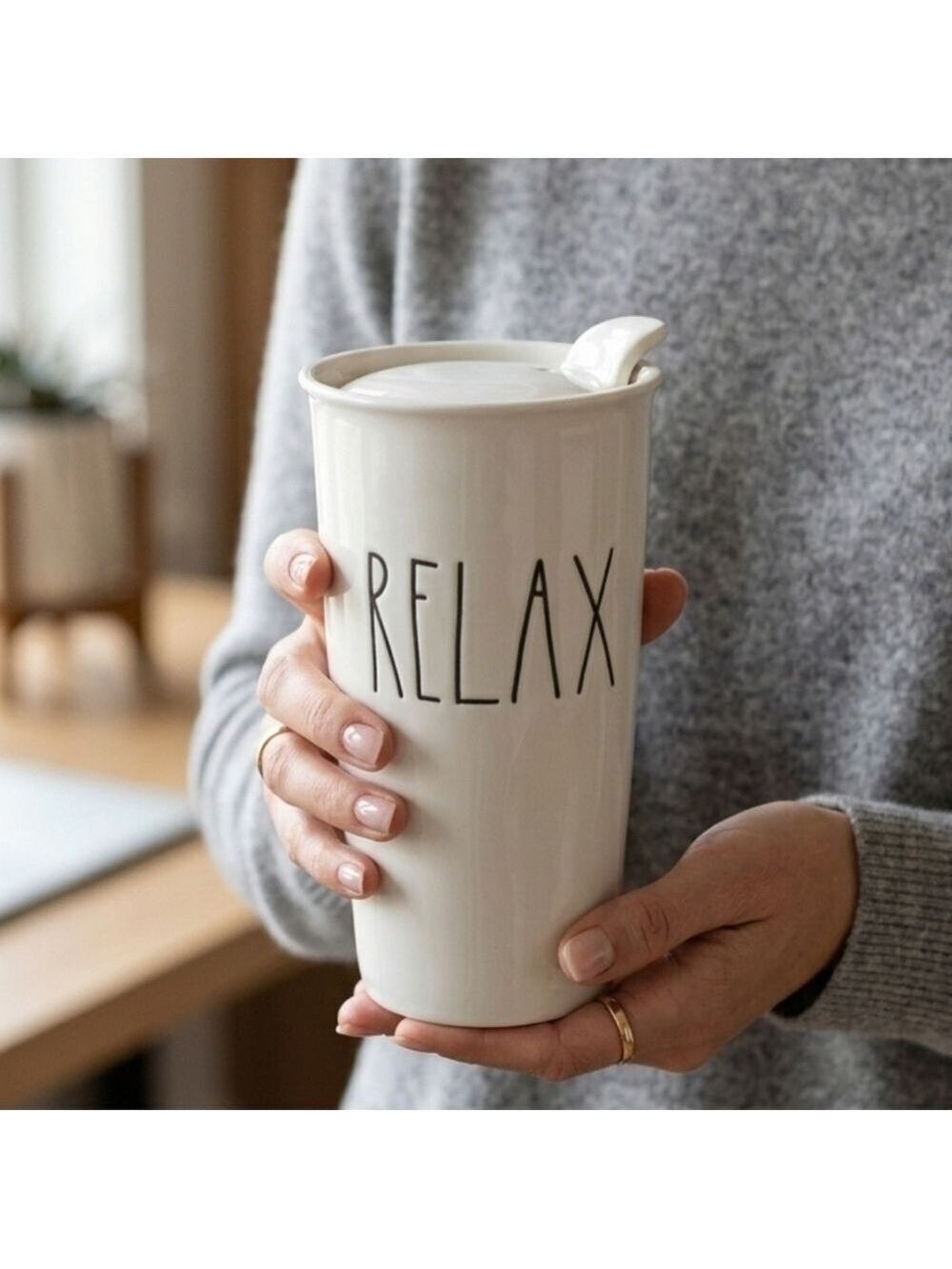 ​Rae Dunn "RELAX" White Ceramic Travel Tumbler Mug with Lid | Artisan Collection